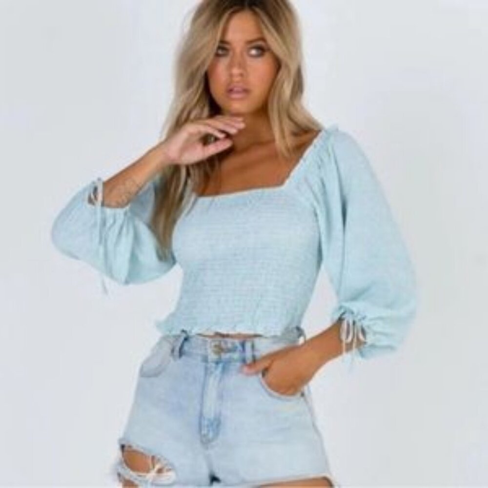 Princess Polly Eirian Blouse Floral Smocked Puff Sleeve Top Blue